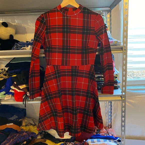 Mock-Neck Fit and Flare Plaid Dress